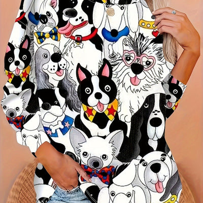 Playful Paws: Women's Plus-Size Dog Print Sweatshirt for Effortlessly Trendy Casual Style