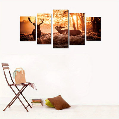 Enchanting Forest Deer Canvas Paintings: 5-Piece High Definition Wall Art for a Captivating Living Room, Bedroom, or Kitchen Ambiance