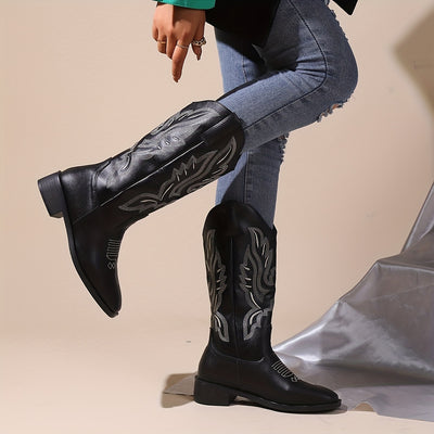 Stylish Western Vibes: Women's Embroidered Chunky Heel Boots - Fashionable Square Toe Cowboy Boots for Comfort and Style