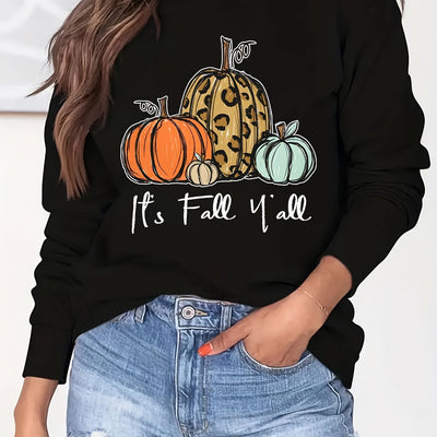 Pumpkin and It's Fall Y'all Print Sweatshirt, Casual Long Sleeve Crew Neck Sweatshirt, Women's Clothing