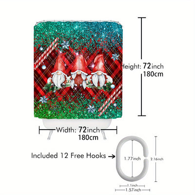 Whimsical Holiday Delight: Red Santa Claus Gnome Snowflake Snowman Shower Curtain for Festive Bathroom Decor