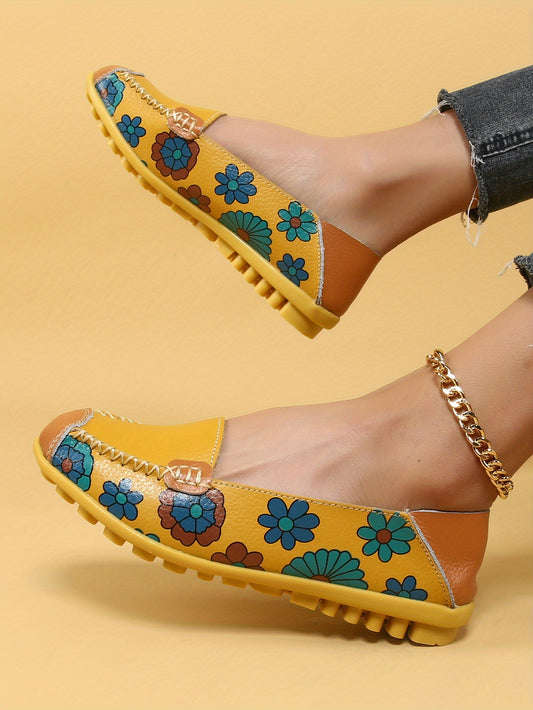 Stylish Women's Casual Yellow Flat Shoes with Flower Patterns: Lightweight and Comfortable Low Top Design