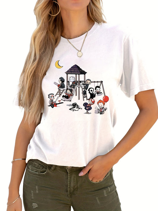 This Spooktacular Clubhouse: Halloween Horror Print T-Shirt is the perfect choice for all your spring and summer wardrobe needs. Crafted in a lightweight cotton blend, it is breathable and comfortable while boasting a colorful Halloween-themed print. Perfect for casual gatherings or everyday wear.