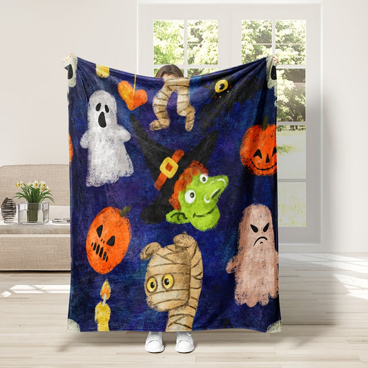 This Halloween-themed cartoon print flannel blanket is perfect for all seasons. Its premium-grade fabric is soft and warm, making it ideal for couch, sofa, office, bed, camping, and travel. Its multipurpose design is perfect for gifting.