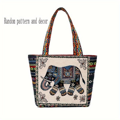 Ethnic Style Embroidered Elephant Tote Bag: Fashionable Canvas Handbag for Travel, Beach, and Beyond