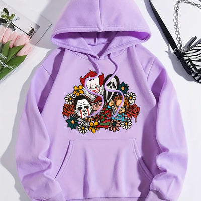 Fear-infused Style: Women's Horror Movie Print Hoodie - Embrace the Chills This Winter-Fall Season!