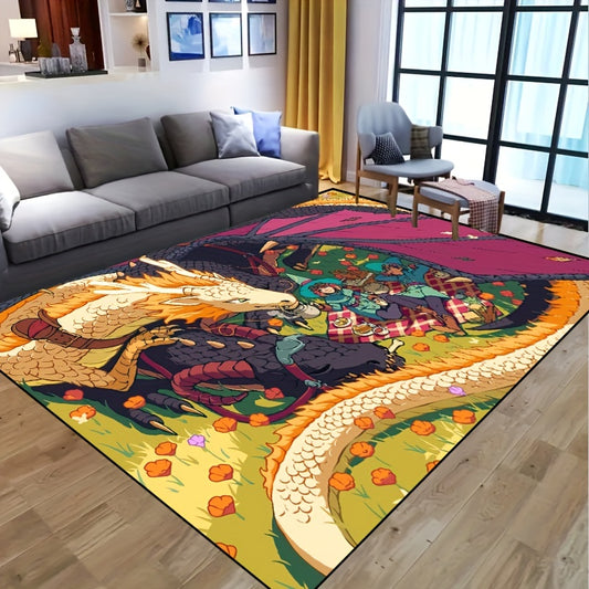Bring a touch of enchantment to your home with this dragon rider rug! Featuring a non-slip design, machine washable construction, and waterproof material, this durable carpet is perfect for both indoor and outdoor decor. Perfect for any home!