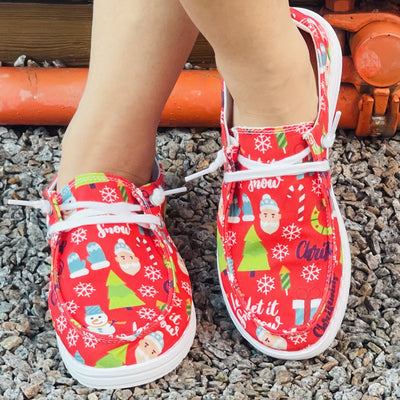 Festive Joy: Women's Red Christmas Pattern Canvas Shoes - Casual Lace-Up Outdoor Shoes for Lightweight Comfort