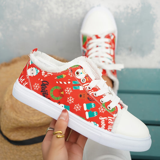 Festive Footwear: Women's Christmas Print Canvas Shoes – Casual Lace-up Outdoor Shoes Lightweight Low-top Sneakers