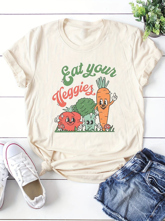 Cartoon Carrot Delight: Casual Short Sleeve Top for Spring/Summer - Women's Clothing