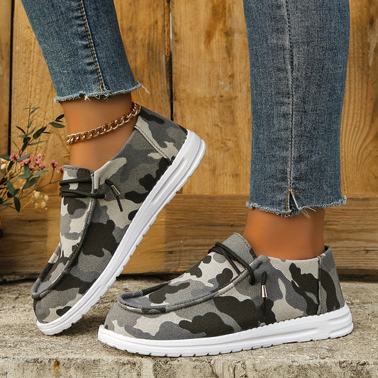 Stay comfortable while walking in style with these Army Camouflage Women's Canvas Shoes. These low-top walking loafers feature a stylish round toe and are designed for superior comfort. The durable canvas material ensures lasting wear.