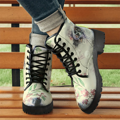 Gothic Style Skull Floral Graphic Boots: Trendy Women's Ankle Combat Boots in Fashionable PU Leather