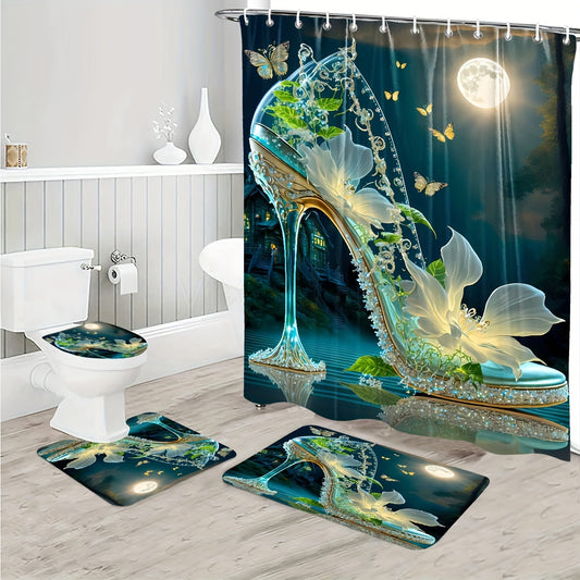 Elevate your bathroom decor with our Chic and Stylish set, featuring a trendy moon high heel pattern. Complete with a shower curtain, rug, mat, lid pad, and hooks for a cohesive look. Transform your bathroom into a stylish oasis with this complete decorative set.