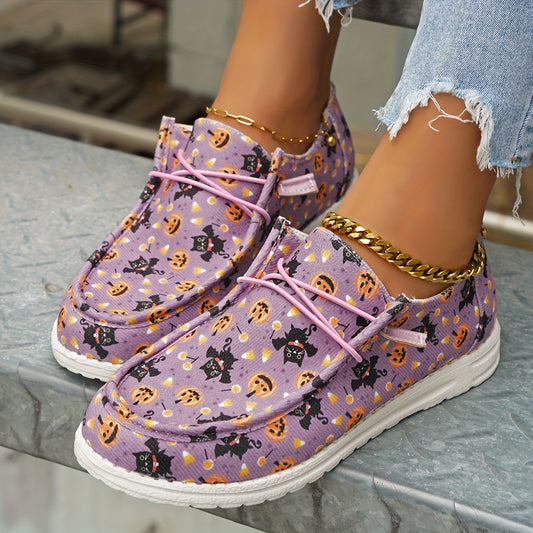 These Pumpkin & Cat Pattern Print Canvas Shoes are a lightweight low top option for Halloween. Crafted from canvas material, these shoes are designed for outdoor casual wear and are secured with a lace up closure. Make a statement this season with these unique patterned shoes.