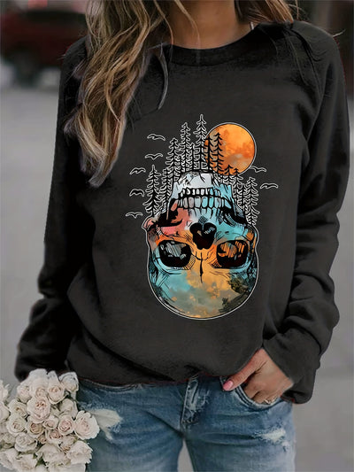 Spooky Chic: Halloween Skull Forest Print Sweatshirt - A Must-Have for Women's Casual Wear