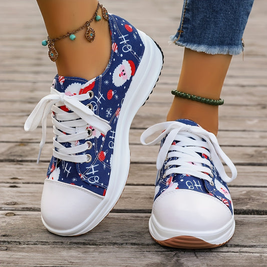 Boost your holiday wardrobe with these festive women's lace-up sneakers. The classic silhouette is adorned with a Santa Claus pattern and stylishly finished with embroidered details to complete the look.