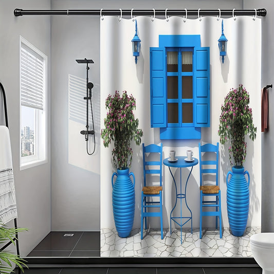 Experience the beauty of Greece in your own bathroom with our Greek Summer House shower curtain. Made with waterproof material and equipped with hooks for easy installation, it enhances your bath experience with style and protection. Transform your space with the calming blue and white design.