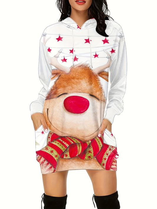 Stay stylish and comfortable this season in this Women's Plus Size Reindeer Print Tunic Hoodie with two large pockets. The long-sleeved, lightweight design is perfect for chilly days, while the festive holiday pattern adds a fun, festive touch.