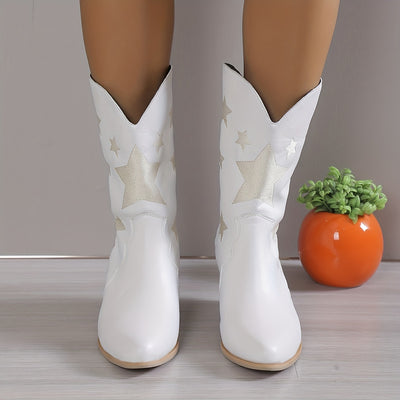 Stylish Star-patterned Chunky Heel Cowboy Boots: The Perfect Embroidered Western Fashion Statement for Women