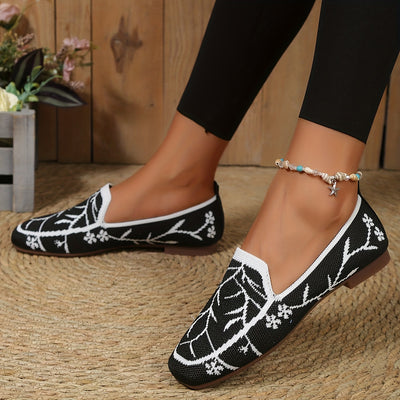 Floral Elegance: Women's Breathable Knit Square Toe Flat Shoes with Lightweight Slip-On Design