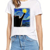 Cat Starry Night Painting Pattern T-Shirt: A Cute and Trendy Crew Neck Top for Spring/Summer Fashion