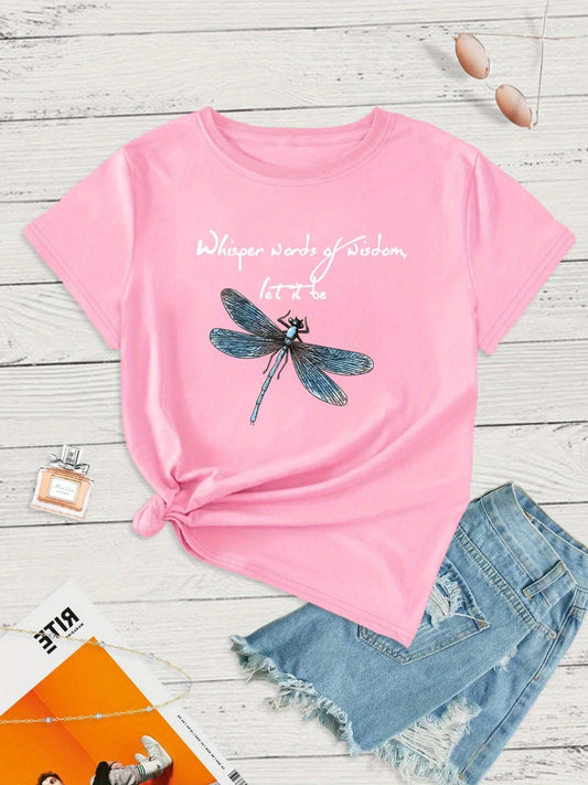 Be fashionable and comfortable with this Colorful Dragonfly & Letter T-Shirt. The short sleeve crew neck shirt is designed with a cute cartoon style that's perfect for casual everyday wear. Enjoy the comfort of this women's clothing, available in a variety of colors.