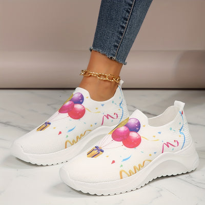 Burst of Style: Women's Balloon Print Platform Sneakers - Casual Slip-On Outdoor Shoes for Comfort and Fashion