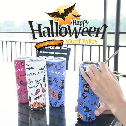 This 22oz tumbler is constructed with 18/8 stainless steel that is vacuum insulated to keep your drinks hot or cold for hours. With a leak-proof lid, metal straw, and cleaning brush, you can enjoy your favorite beverages in style. The Halloween pattern makes it the perfect gift for Halloween.