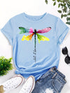 Colorful Dragonfly Print Crew Neck T-Shirt, Casual Short Sleeve T-Shirt For Spring & Summer, Women's Clothing