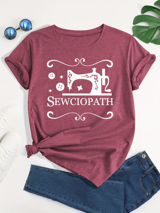 This stylish and trendy Sewing Machine Letter Print T-Shirt is the perfect addition to your spring/summer wardrobe. Made for women, this casual short sleeve top combines fashion and functionality with its unique design and comfortable fit. Showcase your love for sewing while staying on-trend this season.