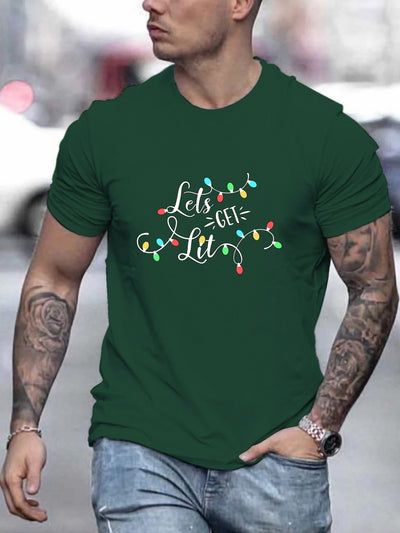 Let's Get Lit Letter Print Men's Summer T-Shirt: A Festive Graphic Tee Perfect for Christmas and Gifting Men