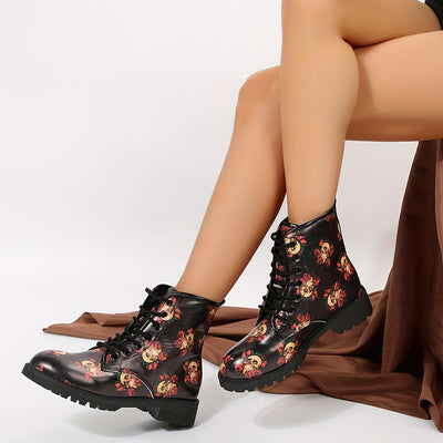 Rose Skull Combat Boots: Edgy & Stylish Halloween Ankle Boots for Women