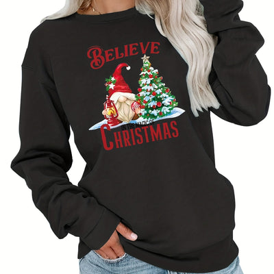 Christmas Santa & Tree Pattern Pullover Sweatshirt, Casual Long Sleeve Crew Neck Sweatshirt For Fall & Winter, Women's Clothing