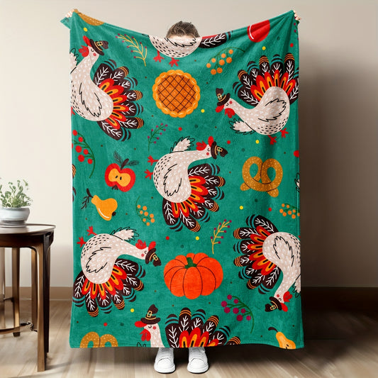 Gift the most ultimate warmth and comfort with this cozy Thanksgiving vibes-themed flannel throw blanket. It features a cartoon turkey and pumpkin-printed design to bring a festive touch to any room. Made from high-quality, 100% polyester flannel fabric, this blanket ensures maximum comfort and warmth.