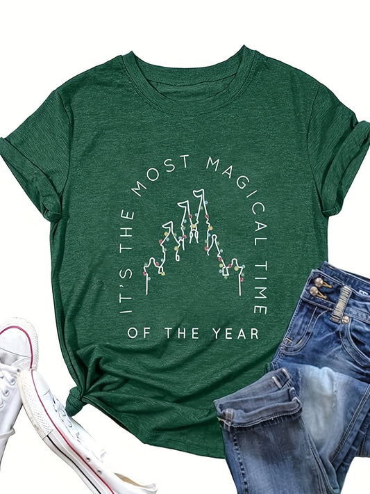 Experience ultimate comfort and style with our Festive Delight: Christmas Castle Print T-Shirt. Featuring a charming castle print, this shirt is the perfect choice for any summer or spring day. Made for women who want to look and feel their best, this casual top is a must-have for the holiday season.