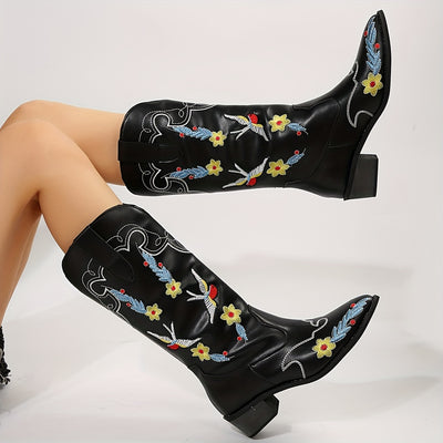 Retro Floral Embroidered Women's Western Mid-Calf Boots: Stylish and Chunky-Heeled Cowgirl Boots with a Pointed Toe and V-Cut Design