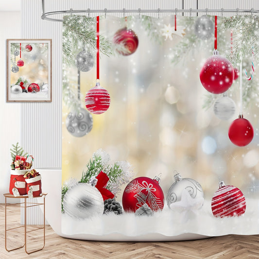 Enliven your bathroom decor with the festive Happy Christmas Kids Shower Curtain. The vibrant set features a cute cartoon of a pine tree adorned with red and white balls, creating a cheerful atmosphere for the holidays. Perfect for adding a touch of merriment to New Year celebrations.