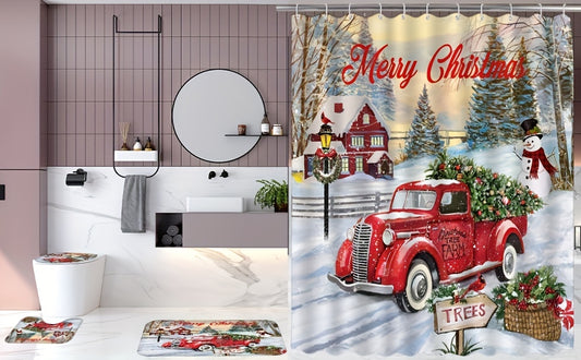 This festive Red Truck Christmas Shower Curtain Set takes your bathroom styling to the next level. Waterproof curtains are paired with matching non-slip rug, U-shaped mat, and a toilet lid cover to complete your decoration. Precisely stitched with strong and durable material to ensure long-lasting use.