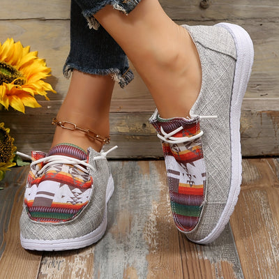 Geometric Design Canvas Shoes for Women - Low Top Lace Up Flat Sneakers for Casual Wear