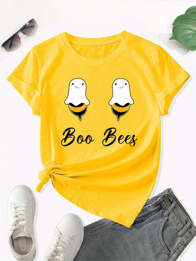 Buzzworthy Spring & Summer: Cartoon Funny Bee Print Crew Neck T-Shirt - Cute & Stylish Women's Clothing