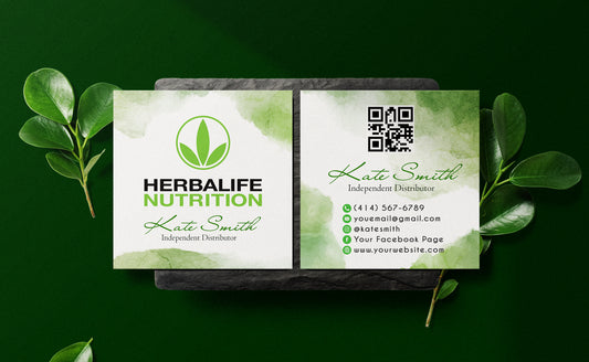 Green Watercolor Herbalife Business Card, Personalized Herbalife Custom QR Cards HE20