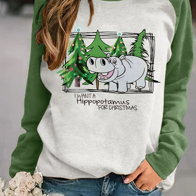 Holiday Bliss: Christmas Hippo Tree Print Pullover Sweatshirt – A Cozy and Stylish Addition to Your Winter Wardrobe!