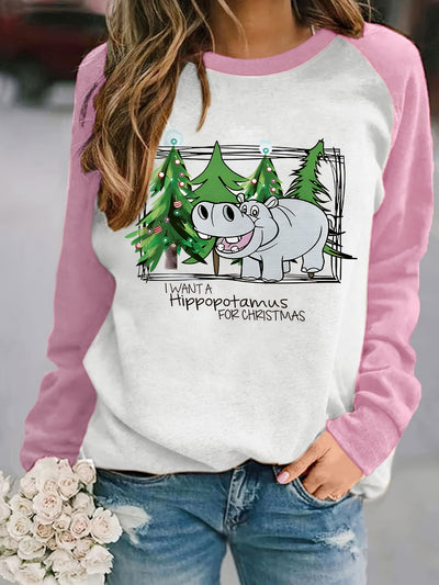 Holiday Bliss: Christmas Hippo Tree Print Pullover Sweatshirt – A Cozy and Stylish Addition to Your Winter Wardrobe!