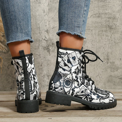 Graffiti Chic: Women's Lace-Up Ankle Boots - A Versatile Trendsetter in Non-Slip Style!