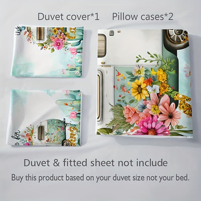 Fresh and Stylish: 3PCS Fashion Duvet Cover Set with Cactus, Flower, Car Prints - Perfect for Bedroom or Guest Room Décor