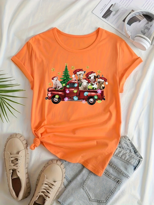 This Jolly Festive Vibes T-shirt is perfect for the upcoming Christmas season. Crafted with a lightweight cotton blend fabric for comfortable wear, it features a cute Christmas graphic print and short sleeve crew neck style. An ideal choice for a unique and festive look.