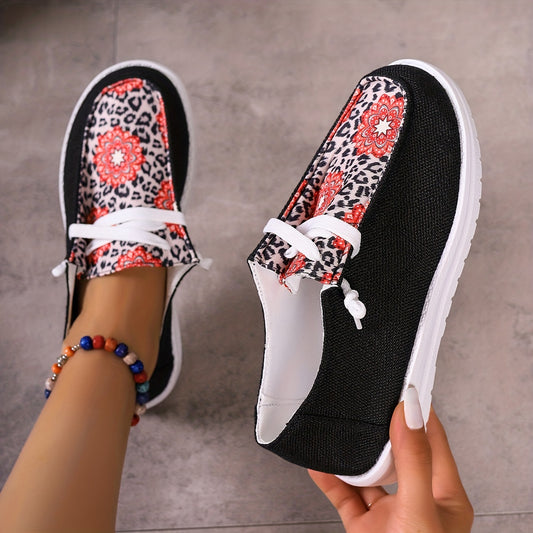 Women's Leopard & Floral Pattern Canvas Shoes, Casual Lace Up Outdoor Shoes, Lightweight Low Top Sneakers