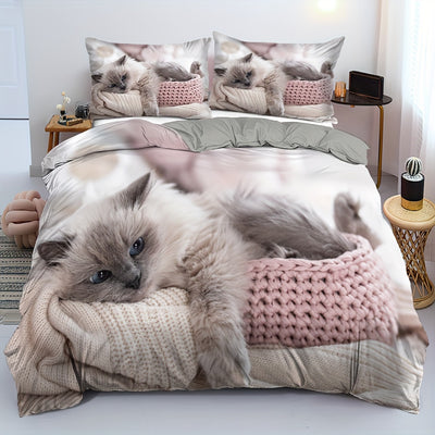 Lovely Pet Cat Print Duvet Cover Set: Adorable Kitten Bedding for Bedroom and Dorm Room