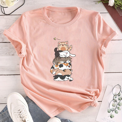 Stylish and Casual: Women's Cat Print Crew Neck T-Shirt - A Must-Have for Spring/Summer Fashion!
