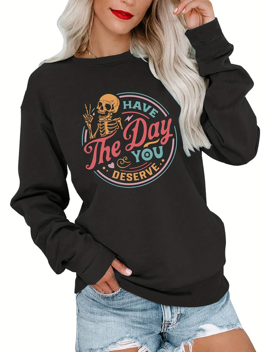 This stylish Colorfull Skeleton & Letter Print Pullover Sweatshirt is the perfect addition to your wardrobe. Made of a soft fabric blend, the long-sleeve top features a crewneck and is perfect for casual occasions. Its unique design and comfortable fit make it perfect for everyday wear.